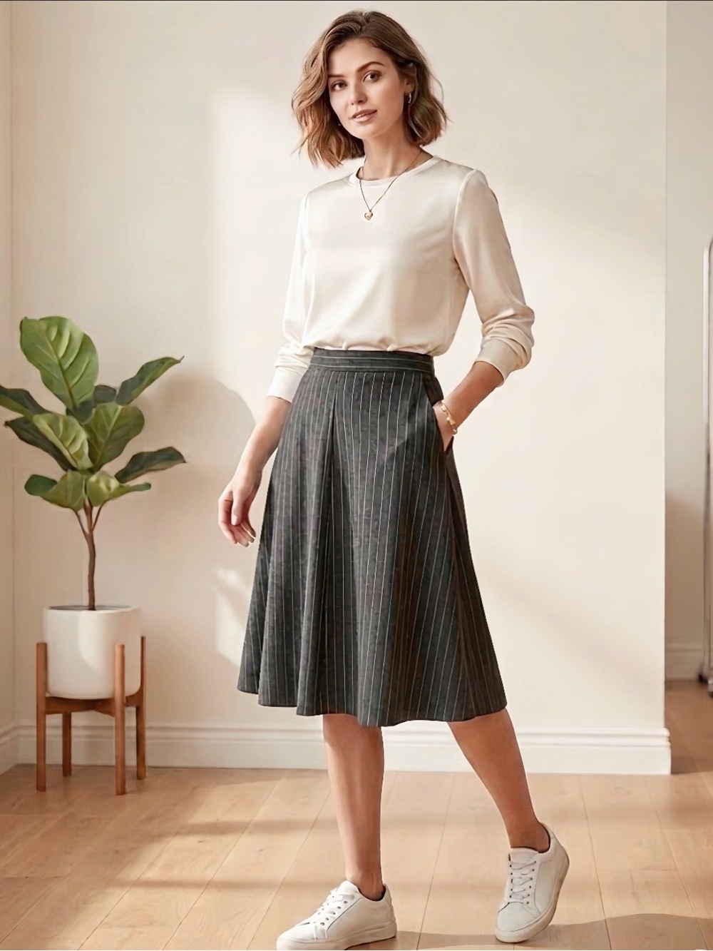 Dynamite Vintage A-line Midi Skirt in Pinstripe Charcoal
